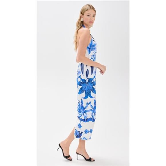 ROCOCO SAND Halter Midi Dress White Blue Resort Cruise Travel Destination Garden - Picture 4 of 7